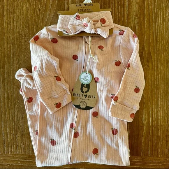 NWT Rabbit + Bear Organic infant sleeper & headband set 6-9mos - Picture 5 of 9